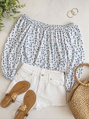 Lilly Pulitzer Blue White Polka Dot Off Shoulder Blouse Size M Peasant Top